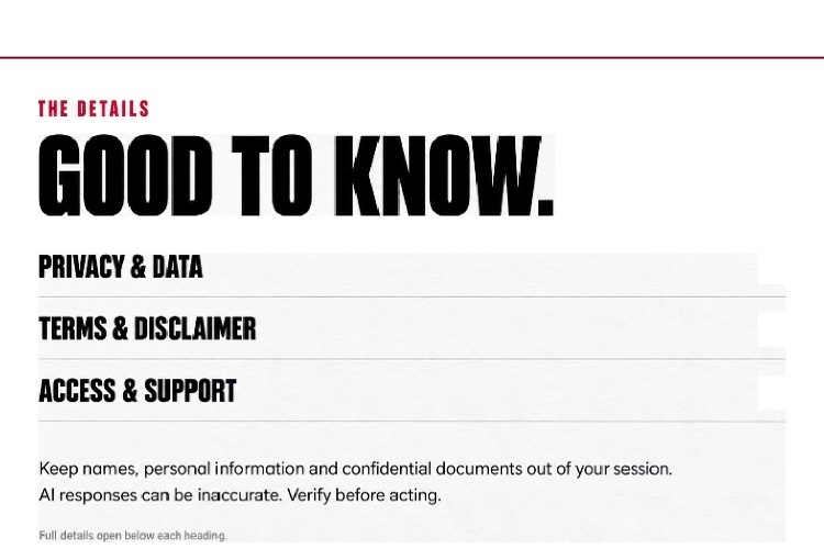 The Details — Good to know. Privacy and data, terms and disclaimer, access and support.